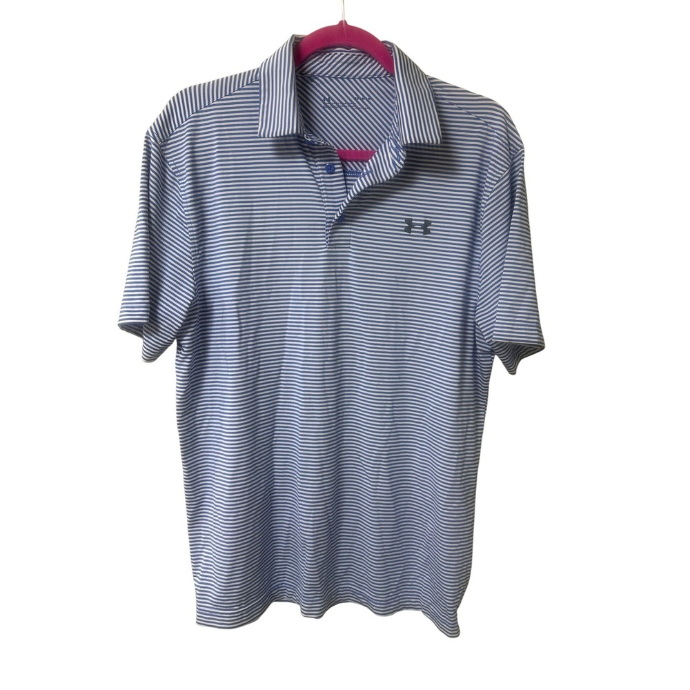 Under Armour Mens Medium HeatGear Loose Striped Polo Shirt Blue White Golf Top